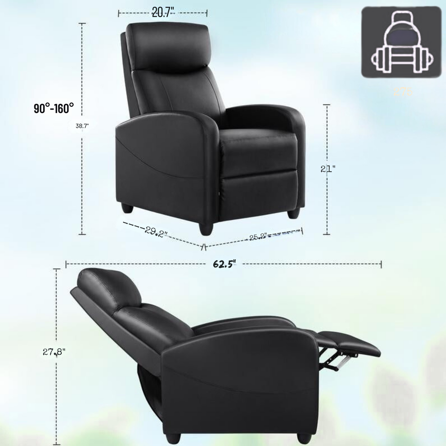 Sweetfurniture Recliner Chair for Living Room, Massage Recliner Chair Theater Chairs Adjustable Modern Reclining Chair with Padded Seat Backrest